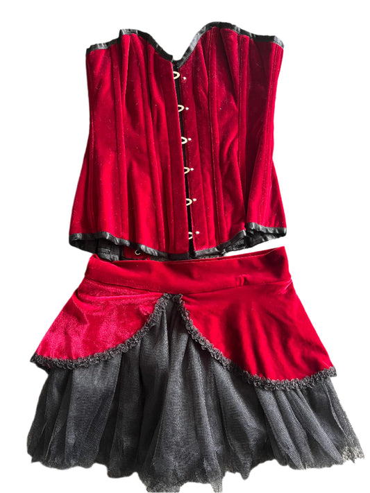 24" BURGUNDY VELVET CORSET & SKIRT.